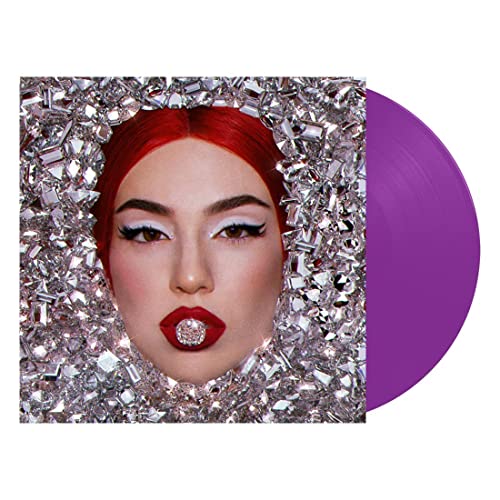 Ava Max album cover with red hair and a purple vinyl record.