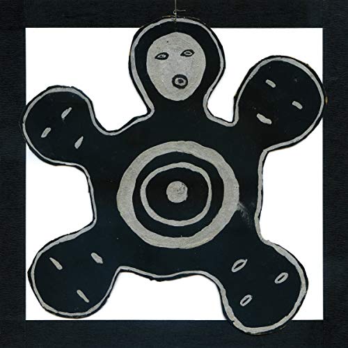Black and white abstract figure with a circular target design.