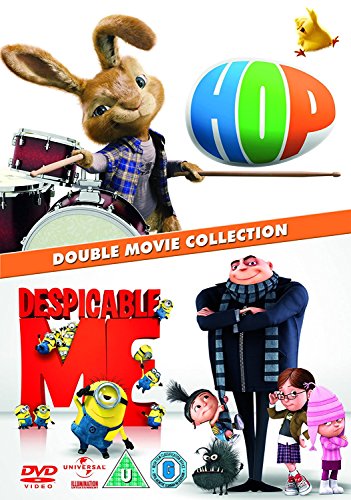DVD cover for "Hop" and "Despicable Me" featuring cartoon characters and drums.