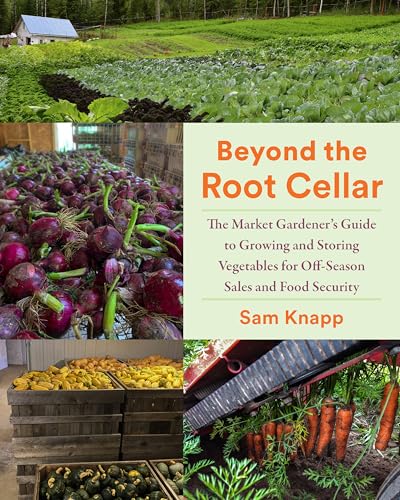 Book cover showing a garden, harvested red onions, wooden crates of squash, and carrots.