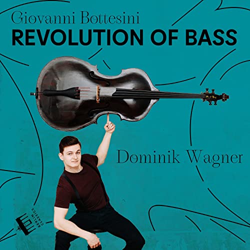 CD cover featuring a double bass, a musician, and teal background.