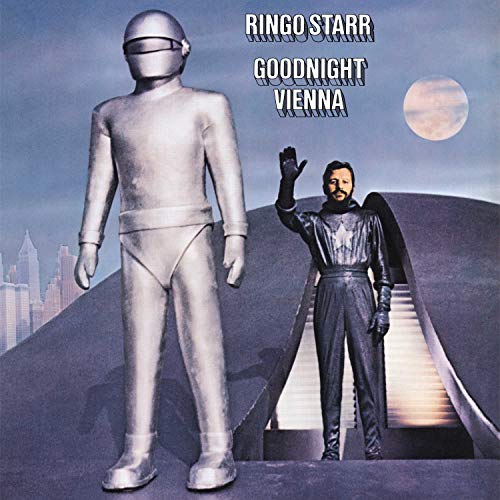 Ringo Starr album cover: robot, cityscape, and man waving in darkness.