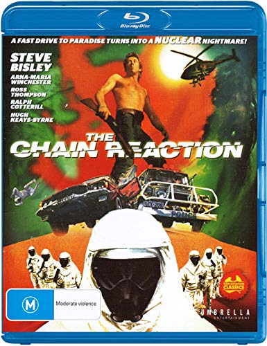 Chain Reaction" Blu-ray cover featuring a man, cars, helicopter, and hazmat suits.
