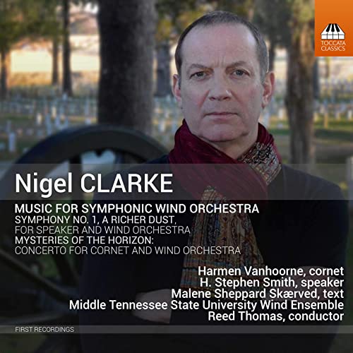 CD cover featuring composer Nigel Clarke’s portrait with orchestral details.