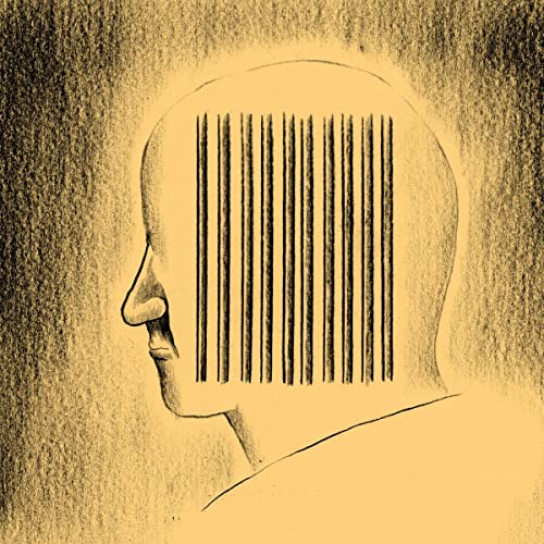 Profile of a head with a barcode replacing the brain, sepia tone.