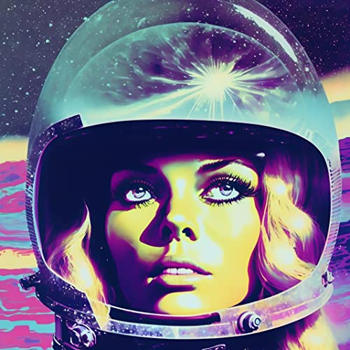 Woman in a space helmet with a starry, galactic background.
