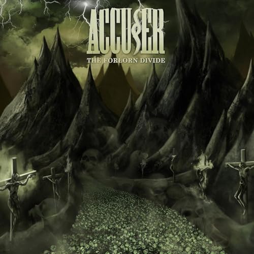 Album cover for Accuser’s “The Forlorn Divide” featuring dark mountains and figures.
