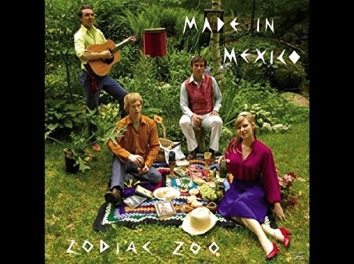 Four people having a picnic with musical instruments in a garden.