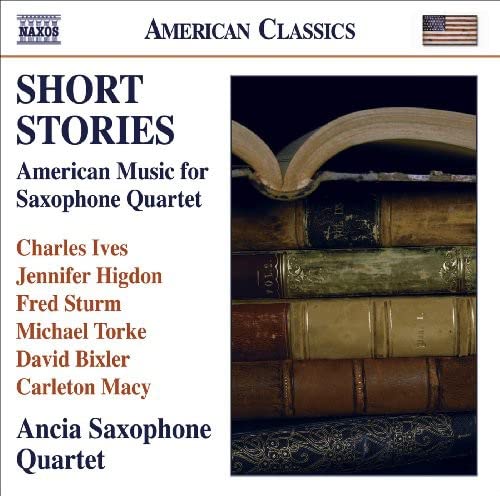 CD cover for Ancia Saxophone Quartet’s “Short Stories” with stacked books.