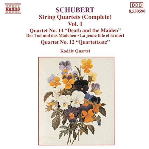 CD cover for Schubert String Quartets Vol. 1 featuring a bouquet of pansies.
