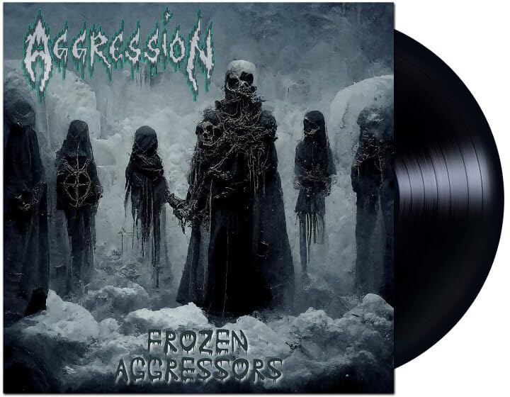 Album cover for “Frozen Aggressors” featuring hooded figures and a vinyl record.