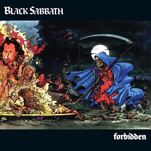 Black Sabbath album cover: grim reaper and figures in fiery chaos.