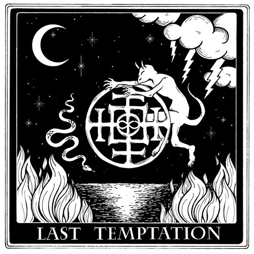 Black and white illustration of a devil, moon, flames, and geometric design.