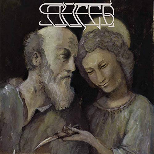 Record album cover featuring a painted portrait of two figures with a knife.