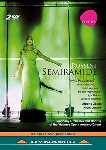 DVD cover for Rossini’s opera *Semiramide*, featuring a singer in green.