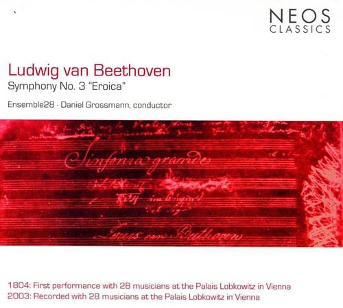 CD cover for Beethoven’s “Eroica” symphony, red textured background with musical script.