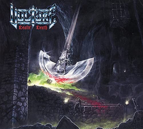 Metal album cover: "Vulture - Dealin' Death" featuring a large scythe.