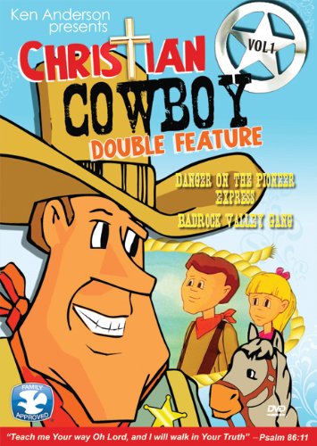 Cartoon DVD cover for "Christian Cowboy Double Feature Vol 1" with characters.