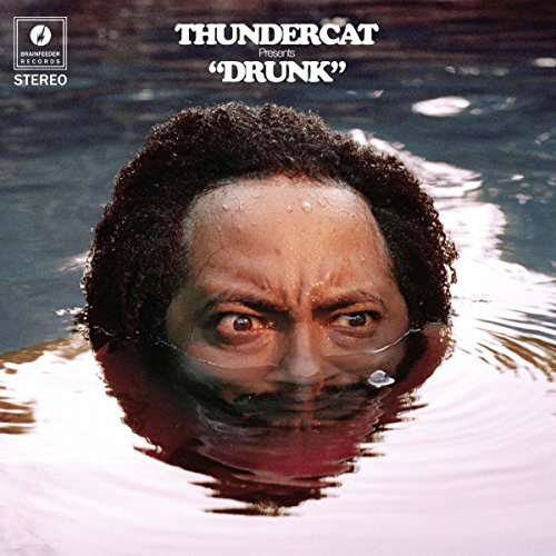 Thundercat's head emerges from dark water with text above reading Thundercat Presents Drunk.