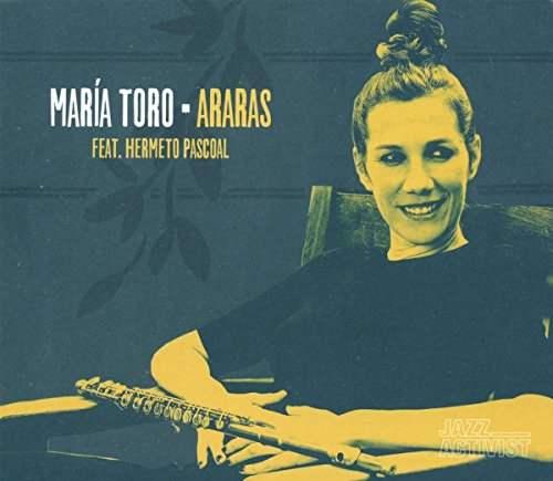 Two-tone blueC blue and yellow album cover of María Toro holding a flute.