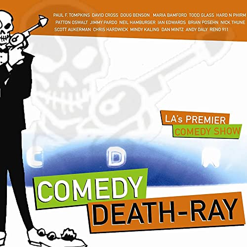 CD cover with skeleton aiming a ray gun, text “Comedy Death-Ray”.