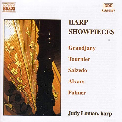 CD cover for Judy Loman’s “Harp Showpieces” featuring a harp illustration.