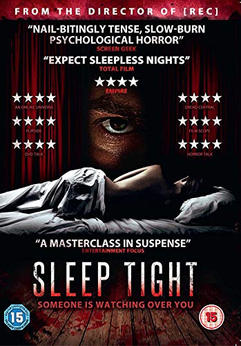 DVD cover for horror film "Sleep Tight" featuring a shadowed eye and woman in bed.