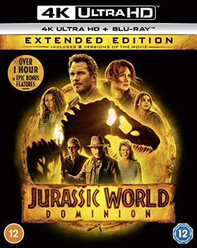 Jurassic World Dominion 4K Ultra HD and Blu-ray movie cover with cast ensemble.