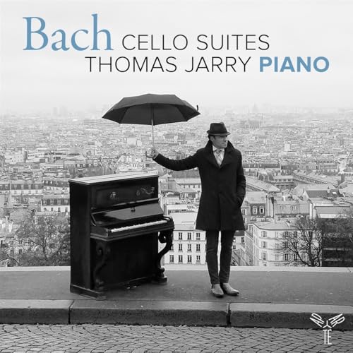 CD cover: pianist with umbrella, piano, and city background.