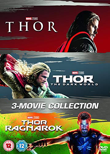 DVD box set cover featuring Thor, The Dark World, and Ragnarok movie posters.