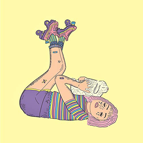 Illustration of a person with pink hair lying down in roller skates.