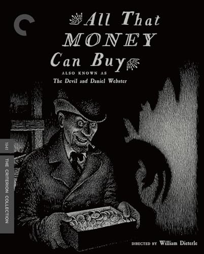 Black and white film poster featuring a man with a devilish grin holding coins.