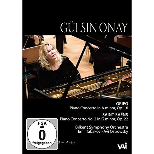 DVD cover featuring pianist Gülsin Onay with orchestra, Grieg and Saint-Saëns concertos.