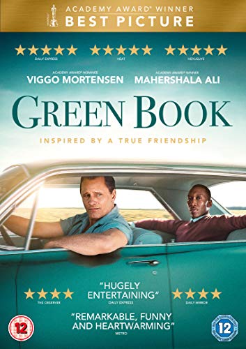 Green Book" DVD cover featuring Viggo Mortensen and Mahershala Ali in a car.
