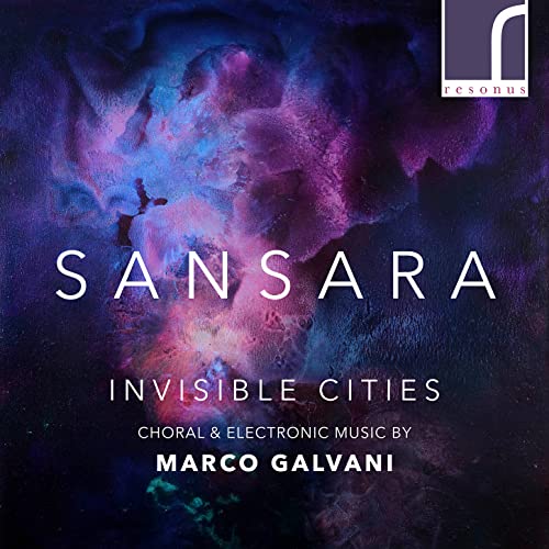 CD cover for "Invisible Cities" by Marco Galvani, abstract purple design.