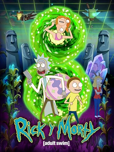 Rick, Morty, and other characters within swirling green portals.