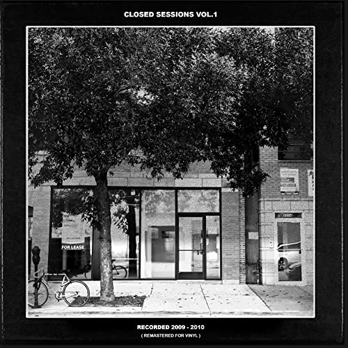 Black and white album cover with a building, tree, and bicycle.