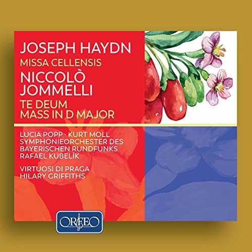 CD cover for Haydn & Jommelli masses, floral watercolor background.