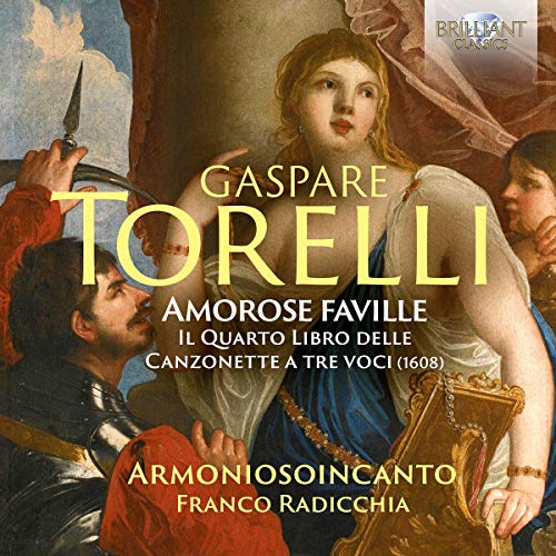 CD cover for Torelli’s “Amorose Faville” featuring Baroque painting details.