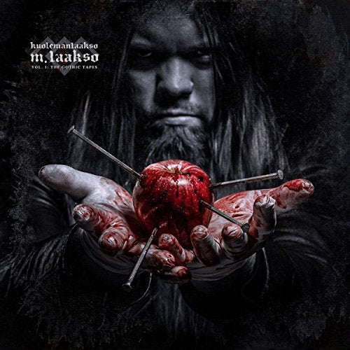 Dark album cover featuring a man holding a nailed, bloodied apple.