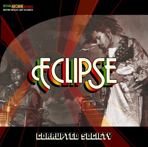 CD cover for "Eclipse - Corrupted Society" featuring two musicians and red rays.