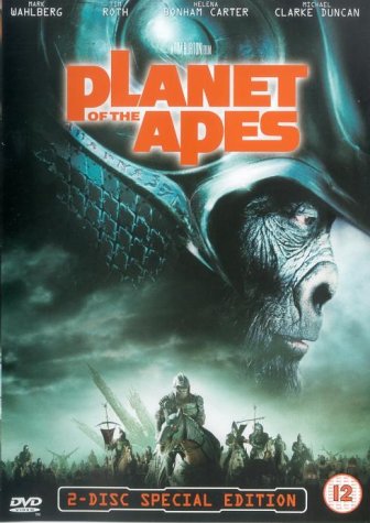 Planet of the Apes" DVD cover featuring a gorilla and human soldiers.