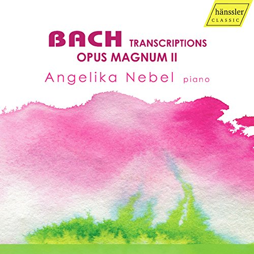 CD cover for Angelika Nebel’s “Opus Magnum II” Bach transcriptions, pink and green.