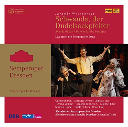 CD cover for Weinberger’s “Schwanda, the Bagpiper” opera with stage image.