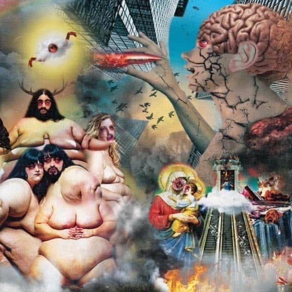 Surreal collage album cover featuring fragmented figures and religious imagery.