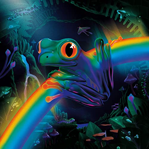Green frog slides down a rainbow in a dark, fantastical cave.