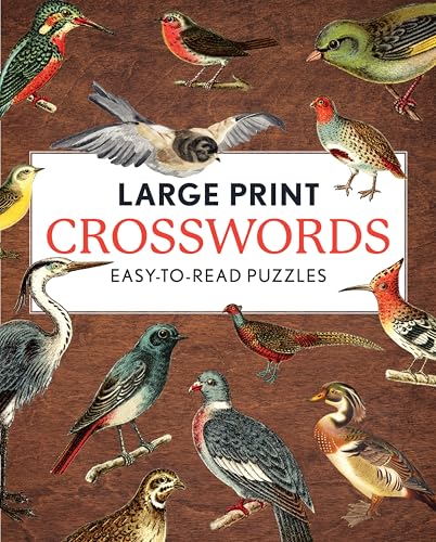Book cover with "Large Print Crosswords" text and illustrated birds.
