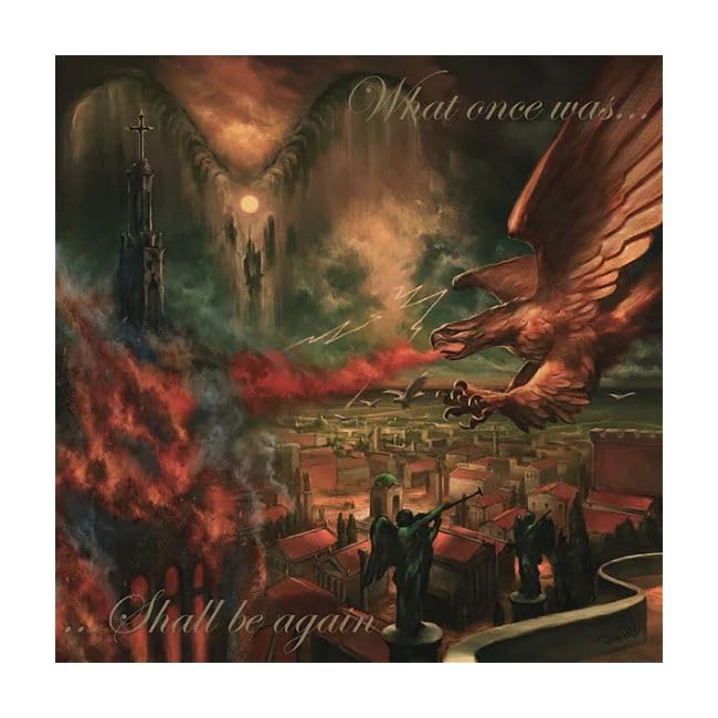 Dark fantasy album cover with a castle, winged creature, and figures.