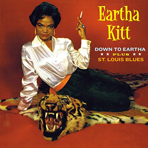 Eartha Kitt portrait with a tiger, album cover for “Down To Eartha.”