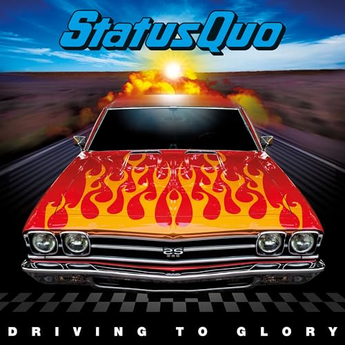 Status Quo album cover: red car with flames speeding toward the sun.